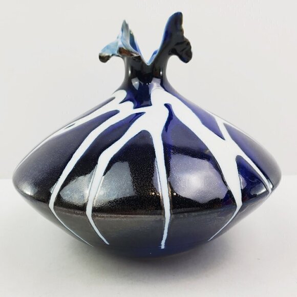 Limoges France Ceramic Abstract Modern Vase Style Blue White Art Piece - Picture 9 of 13